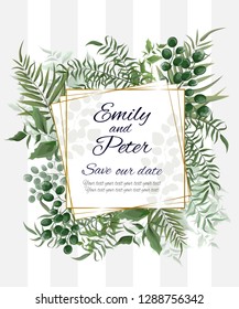Vector template for wedding invitation. Wedding card. Green branches, green berries, leaves. All elements are isolated. Vector Golden square frames.