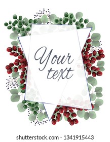 Vector template for wedding invitation. Wedding card. Green branches, green berries, leaves, red berry. All elements are isolated. Vector Golden square frames.
