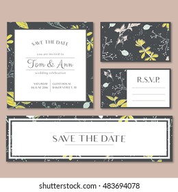 Vector template for wedding invitation card with herbs. Save the date and RSVP. Botanical style. Green and yellow spring colors.Wedding background.