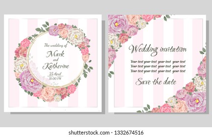Vector template for wedding invitation. Different types of roses, green plants, Golden round frame. All elements are isolated. Template for postcards.