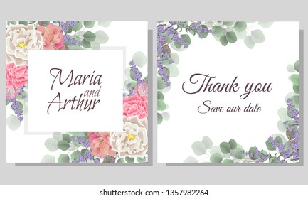 Vector template for wedding invitation. Different types of roses, green plants, lavender. All elements are isolated. Template for postcards.