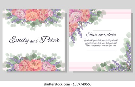 Vector template for wedding invitation. Different types of roses, green plants. All elements are isolated. Template for postcards.