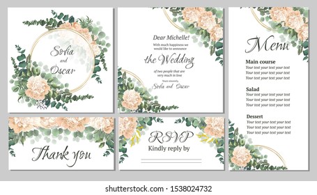 Vector template for a wedding invitation with floral design. Beautiful beige peonies, eucalyptus, round golden frame, greenery, plants. Greeting card for invitation, menu, rsvp, thank you.