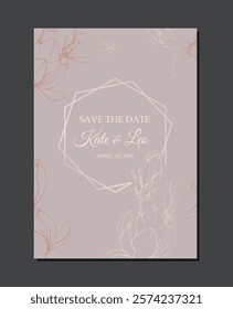 Vector template for wedding invitation with floral elements, pastel pink on a gray background.  Delicate frame ready for print  greeting card and poster save the date. 