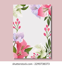 Vector template for wedding invitation. Frame with Bougainvillea flower branches, berries, green leaves and plants.