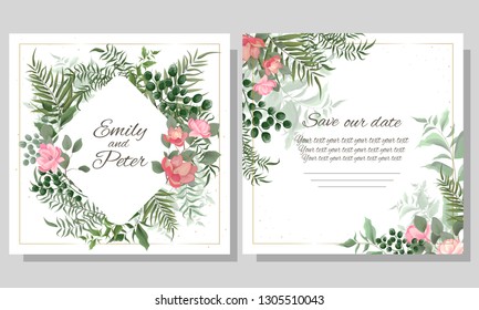 Vector template for wedding invitation. Geometric frame with flowers and green plants. Green leaves, Magnolia flowers, green berries. All elements are isolated. Elegant design elements.