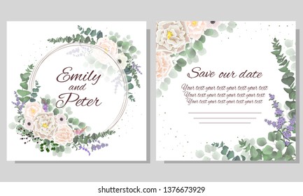 Vector template for wedding invitation. Gold round frame. Beige roses, anemones, Wisteria flowers, lavender, berries, green plants.  All elements are isolated.