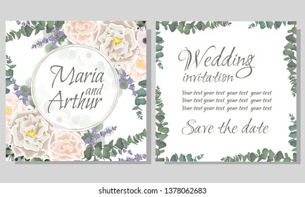 Vector template for wedding invitation. Gold round frame. Beige roses, anemones, Wisteria flowers, lavender, berries, green plants.  All elements are isolated.