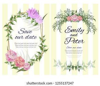 Vector template for wedding invitation. Green leaves, gold geometric frame, peony flowers, floral borders, striped background. All elements are isolated.