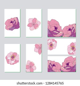 Vector template for wedding invitation. Green leaves, peony,rosas flowers, floral borders, striped background. All elements are isolated.