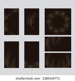 Vector template for wedding invitation. Green leaves, peony,rosas flowers, floral borders, striped background. All elements are isolated.