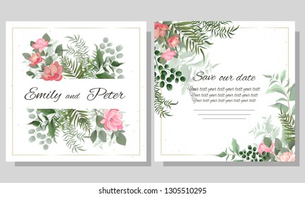 Vector template for wedding invitation. Green leaves, Magnolia flowers, green berries. All elements are isolated. Elegant design elements.