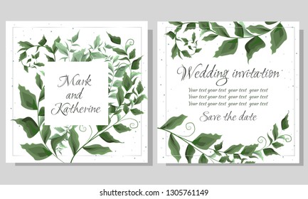 Vector template for wedding invitation. Green elegant leaves. Green plants, the flora elements of design. All elements are isolated.