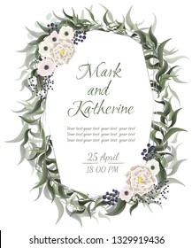 Vector template for wedding invitation. Green elegant leaves, anemone flowers, white rose, blue berries. Green plants, the flora elements of design. All elements are isolated.