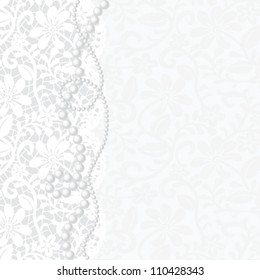 Vector template for wedding, invitation or greeting card with lace background and pearl necklace