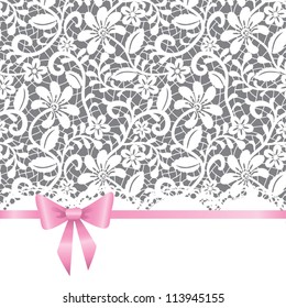 Vector template for wedding, invitation or greeting card with lace background and pink ribbon