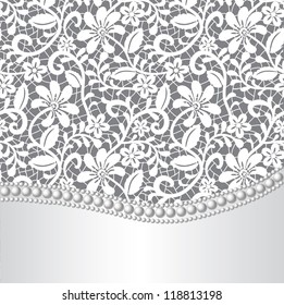 Vector template for wedding, invitation or greeting card with lace background and pearl necklace