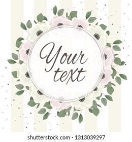 Vector template for wedding invitation. Greeting card template. Anemone flowers, green leaves, round frame. All elements are isolated.