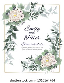 Vector template for wedding invitation. Greeting card template. Anemone flowers, white roses, berries, green plants, leaves. All elements are isolated.