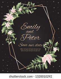 Vector template for wedding invitation. Greeting card template. Pink lilies, berries, green plants, leaves, black background, sequins. All elements are isolated.