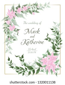 Vector template for wedding invitation. Greeting card template. Pink lilies, berries, green plants, leaves. All elements are isolated.