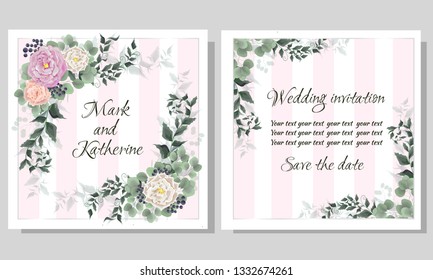 Vector template for wedding invitation. Greeting card template. Roses, berries, green plants, leaves. All elements are isolated.