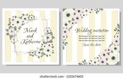 Vector template for wedding invitation. Greeting card template. Anemone flowers, green leaves, polygonal frame. All elements are isolated.