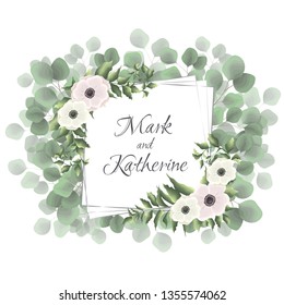 Vector template for wedding invitation. Greeting card template. Anemone flowers, green leaves, polygonal frame. All elements are isolated.