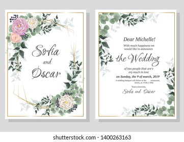 Vector template for wedding invitation. Greeting card template. Roses, berries, green plants, leaves. All elements are isolated.