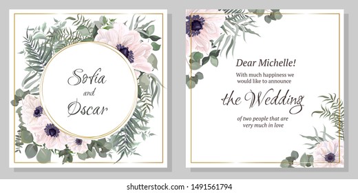 Vector template for wedding invitation. Greeting card template. Anemone flowers, green leaves, round frame, eucalyptus. All elements are isolated.