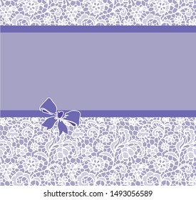 Vector template for wedding, invitation or greeting card with lace background and purple ribbon.