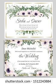 Vector template for wedding invitation. Greeting card template. Anemone flowers, green leaves, eucalyptus. All elements are isolated.