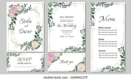 Vector template for wedding invitation. Greeting card template. Roses, berries, green plants, leaves. All elements are isolated. Invitation card, thanks, rsvp, menu.