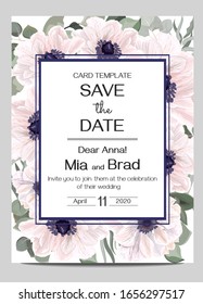 Vector template for wedding invitation. Greeting card template. Anemone flowers, green leaves, eucalyptus. All elements are isolated.