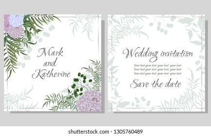 Vector template for wedding invitation. Hydrangea flowers, green berries, green plants, flora elements. All elements are isolated. Wedding card.