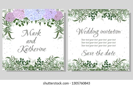 Vector template for wedding invitation. Hydrangea flowers, green berries, green plants, flora elements. All elements are isolated. Wedding card.
