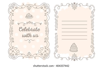 Vector template of wedding invitation with lace frame with inscription and cake of peach color on white background. Line art design to make a poster, card, postcard, paper print.