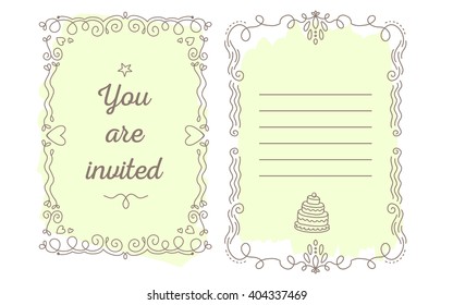 Vector template of wedding invitation with lace frame with inscription and star of light yellow color on white background. Line art design to make a poster, card, postcard, paper print.