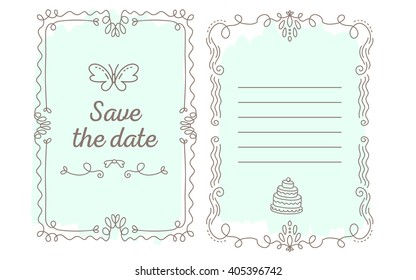 Vector template of wedding invitation with lace frame, inscription and butterfly of light blue color on white background. Flat thin line art design of wedding invitation  to make a wedding card, print