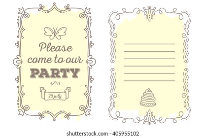 Vector template of wedding invitation with lace frame, inscription and butterfly of light yellow color on white background. Flat thin line art design of wedding invitation to make a wedding card.