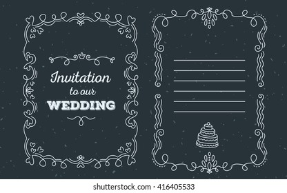 Vector template of wedding invitation with lace frame with inscription invitation to our wedding of white color on black background. Thin flat line art design to make a party card, wedding invitation