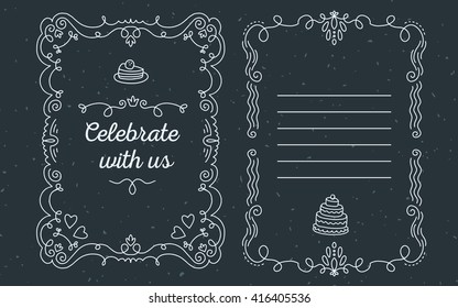 Vector template of wedding invitation with lace frame with white inscription celebrate with us and cake on black background. Thin flat line art design to make a wedding card, invitation, postcard