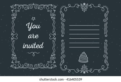 Vector template of wedding invitation with lace frame with inscription you are invited and star of white color on black background. Thin flat line art design to make a party card, wedding invitation