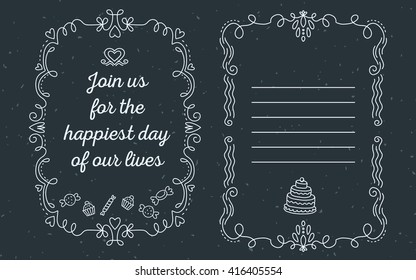Vector template of wedding invitation with lace frame with white inscription join us for the happiest day of our lives and heart on black background. Thin flat line art design to make an invitation