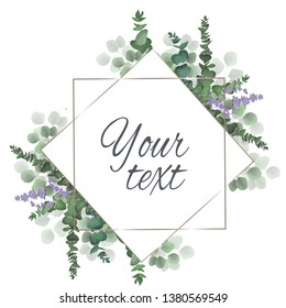 Vector template for wedding invitation. Lavender flowers, green plants. All elements are isolated. Polygonal gold frame. Template for greeting card.
