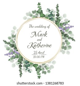 Vector template for wedding invitation. Lavender flowers, green plants. All elements are isolated. Round gold frame. Template for greeting card.