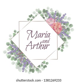 Vector template for wedding invitation. Lavender flowers, Peonies, green plants. All elements are isolated. Polygonal gold frame. Template for greeting card.