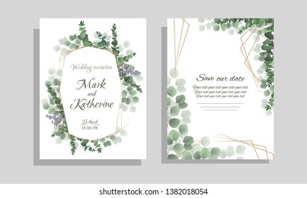 Plantilla vectorial para invitación de boda. Flores de lavanda, plantas verdes. Todos los elementos están aislados. Marco dorado poligonal. Plantilla para tarjeta de felicitación.