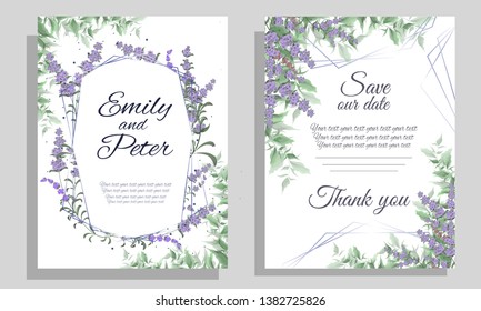 Vector Template For Wedding Invitation. Lavender Flowers. All Elements Are Isolated.