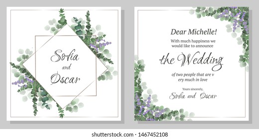 Vector template for wedding invitation. Lavender flowers, green plants. All elements are isolated. Polygonal gold frame. Template for greeting card.